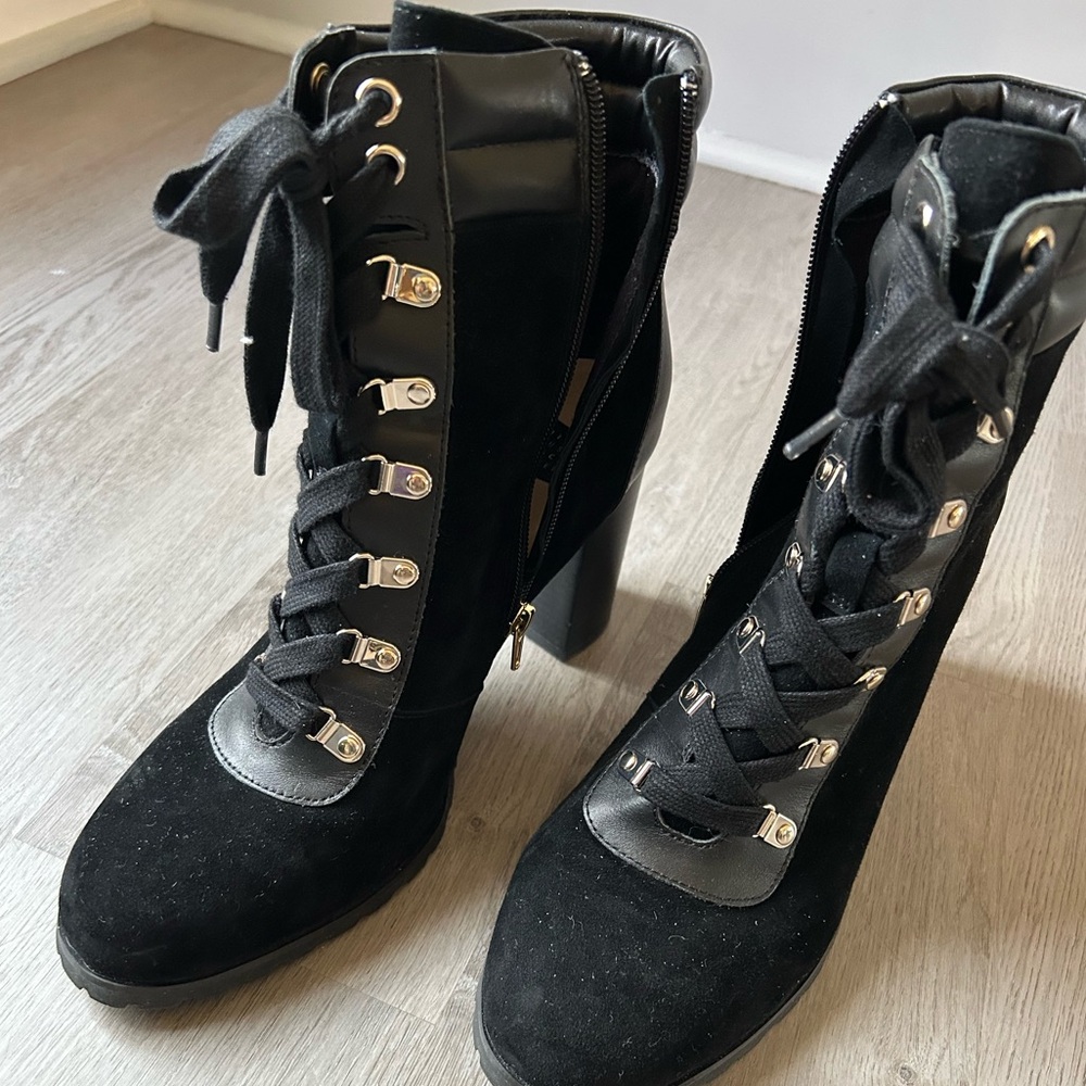 White House Black Market Black Lace-Up Suede Ankle Boots with Block Heel